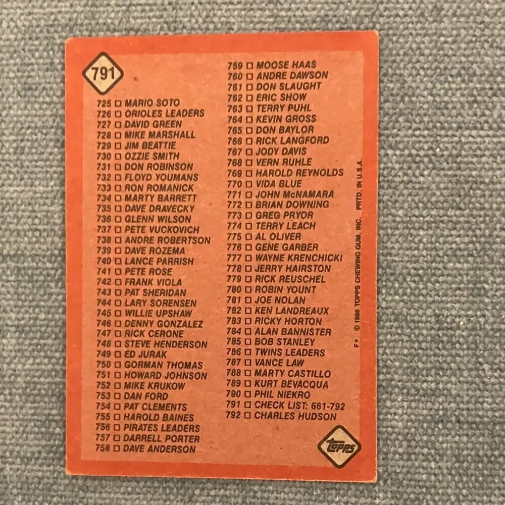 1986 Topps Checklist Baseball Card Trading Card